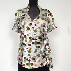 BCBG Silk Retro Polka Dot Tie Side Wrap Blouse M